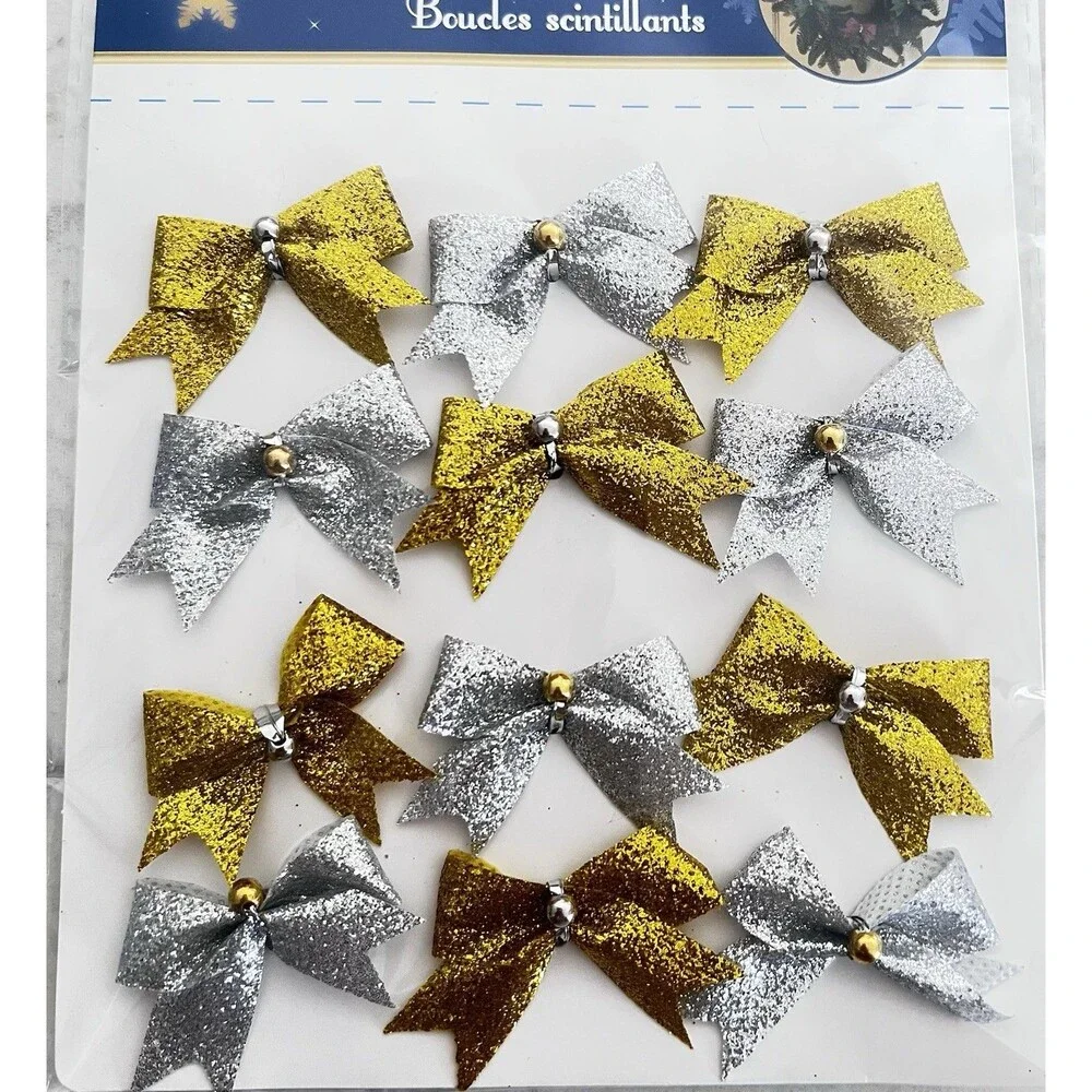 Gold and Silver Glitter Miniature Decorative Tie-On Christmas Bows - 12 Count